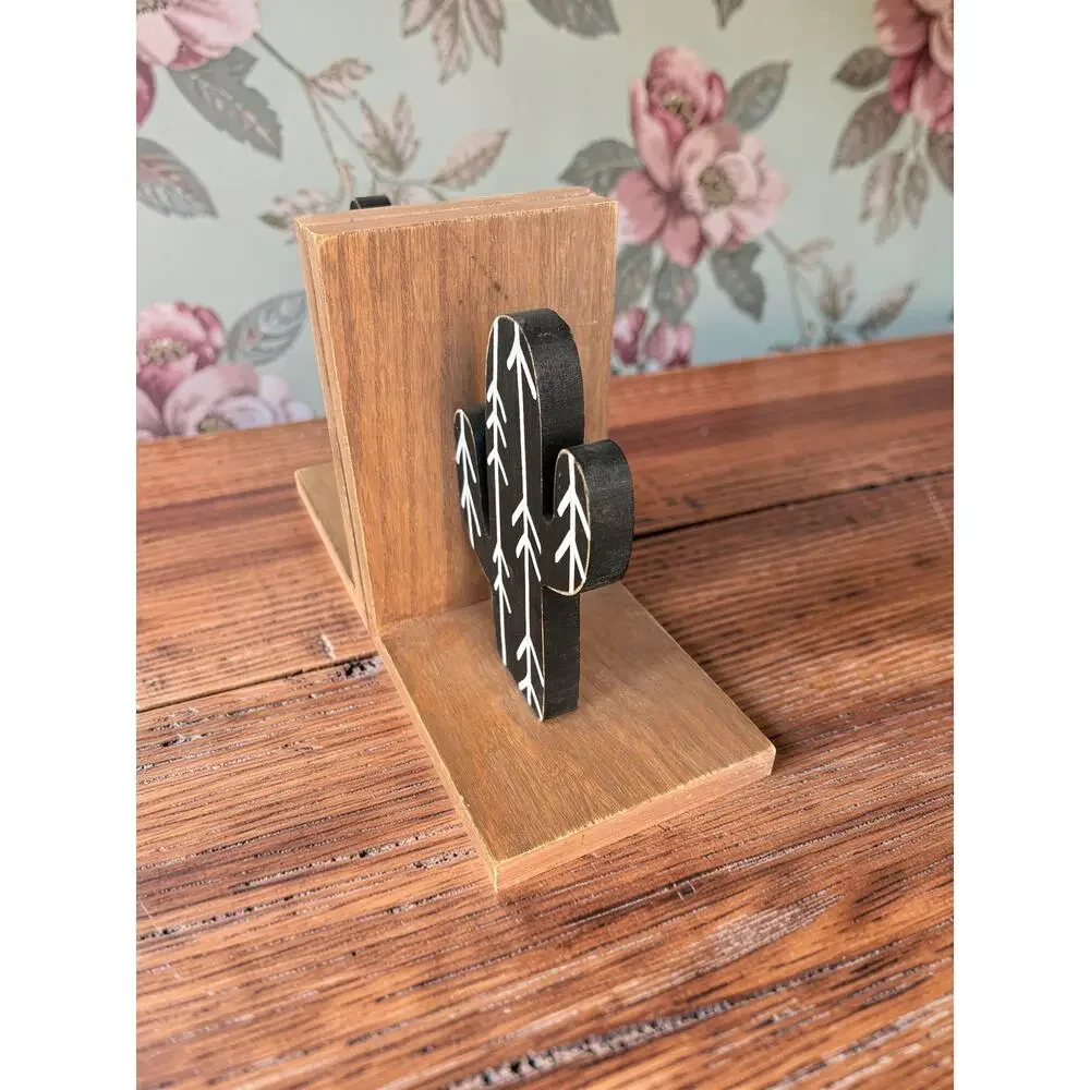 Wood Cactus Bookends Set of 2 Black White Southwestern Boho Desert Decor